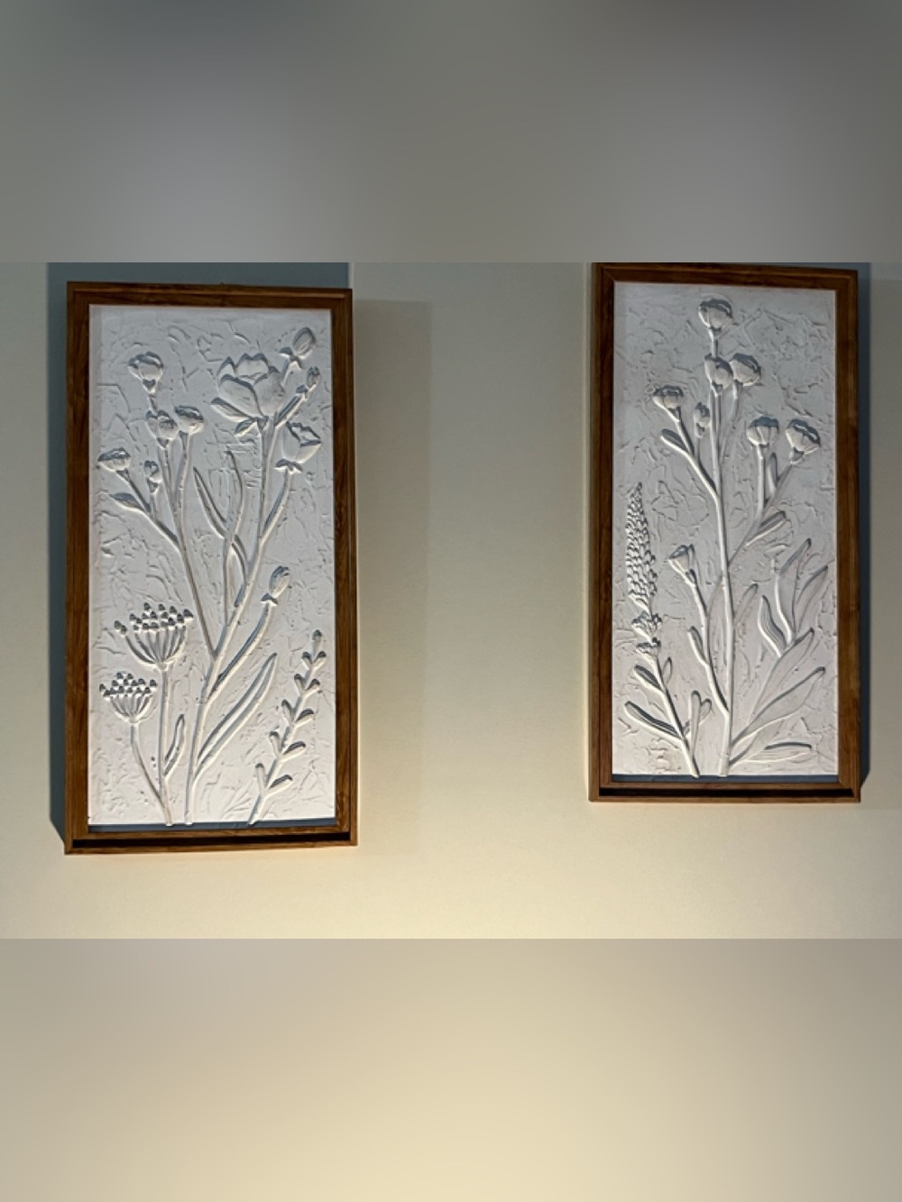 2 Framed White Relief Floral Wall Art-ready to hang